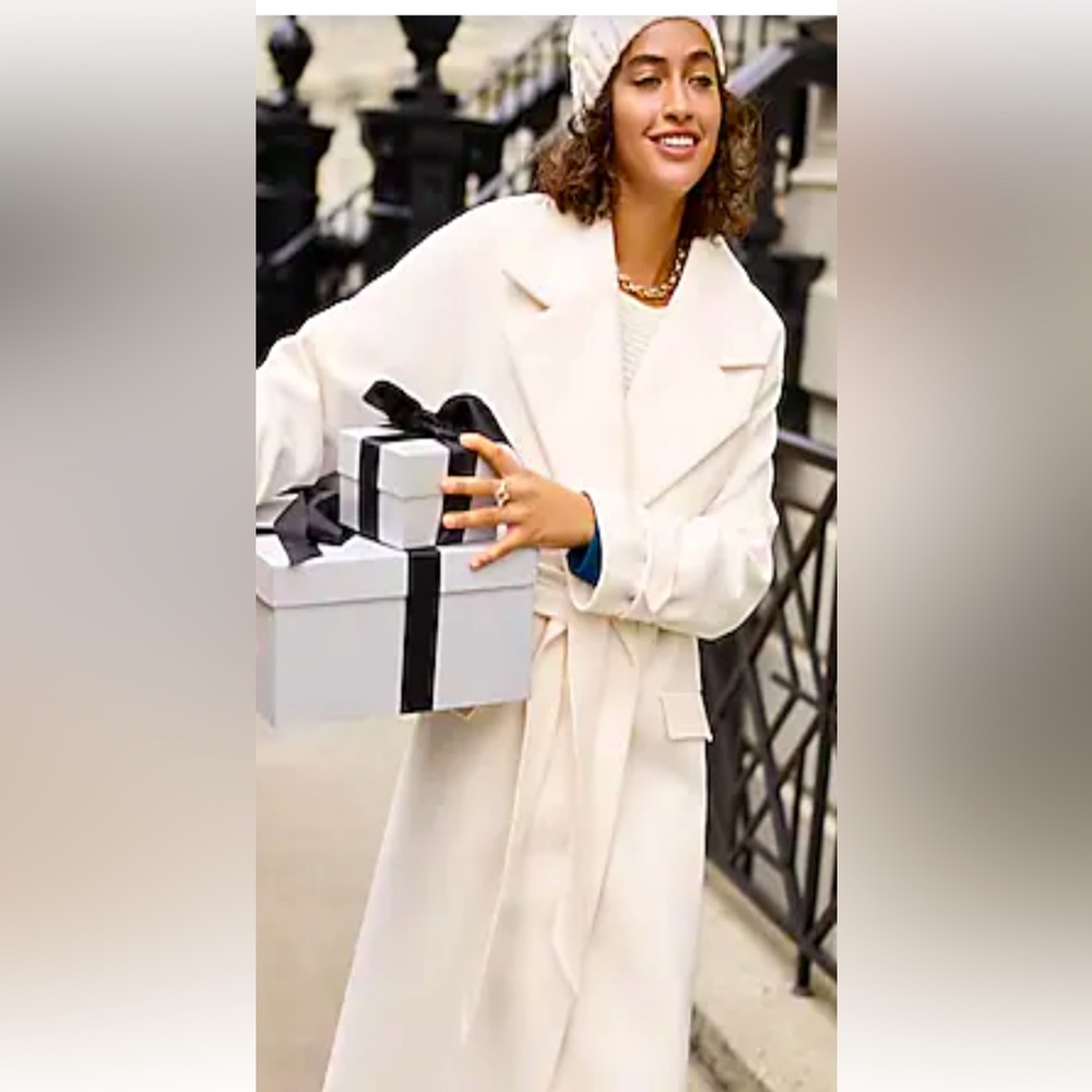 Express Cream White Faux Wool Wrap long Coat with Tie Belt and Front Pockets L